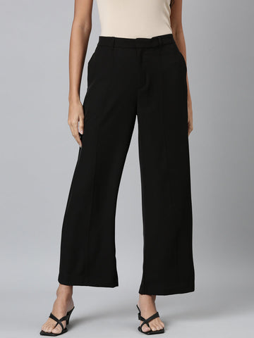 Women Solid Black Crepe Wide Pants