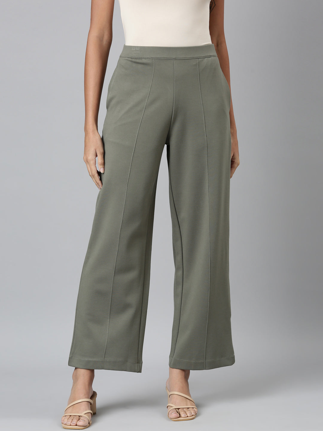 Women Solid Medium Olive Ponte Wide Leg Pants