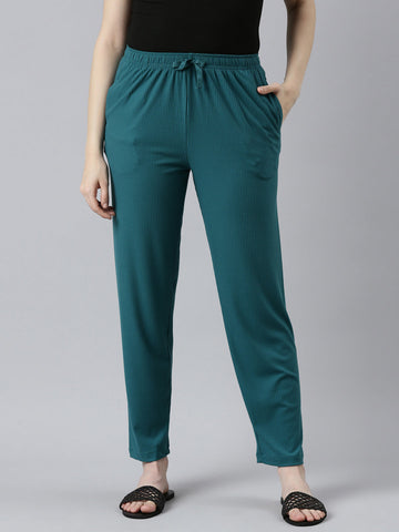 Women Solid Teal Mid Rise Casual Rib Pants