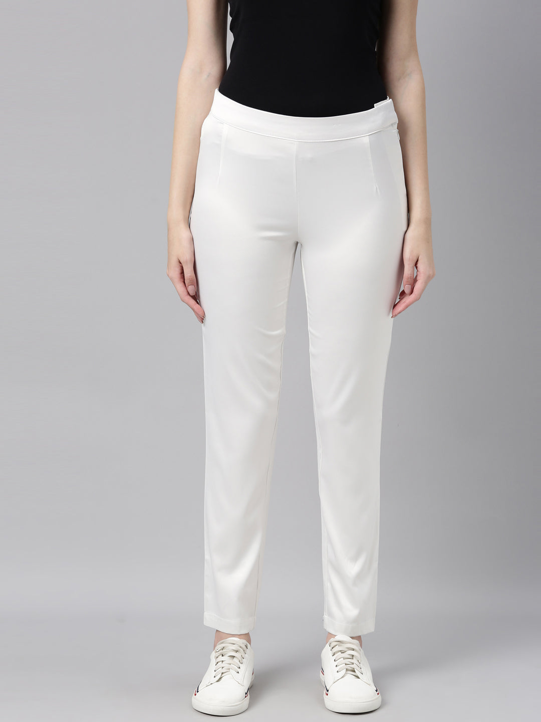 Women Solid White Mid Rise Shiny Pants – Cherrypick