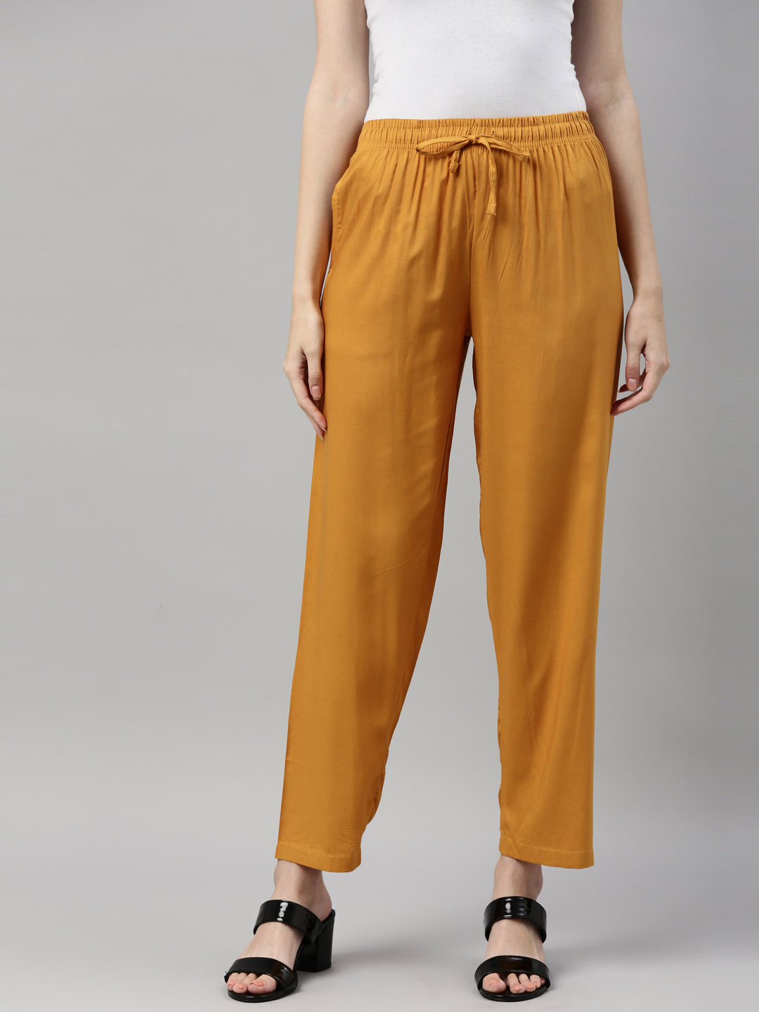 Women Solid Light Mustard Viscose Mid Rise Casual Pants