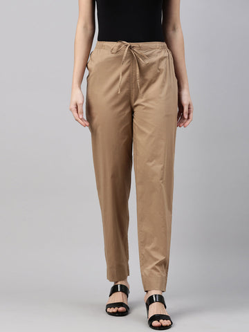 Women Solid Light Brown Comfort Fit Cotton Pants