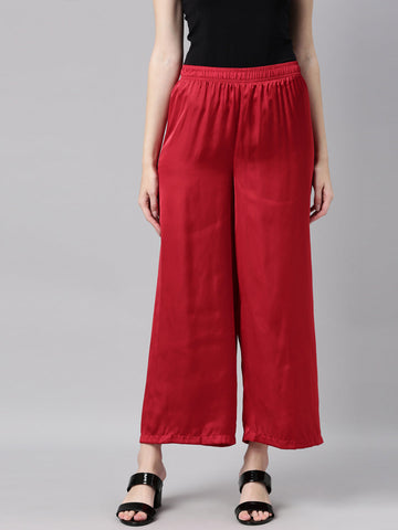 Women Solid Cherry Mid Rise Shiny Palazzos