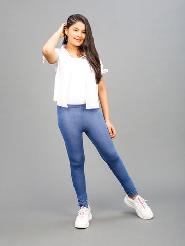 Girls Solid Blue Knit Jeggings