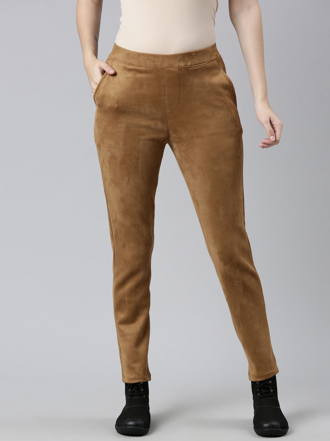 Women Solid Light Brown Mid Rise Suede Treggings – Cherrypick