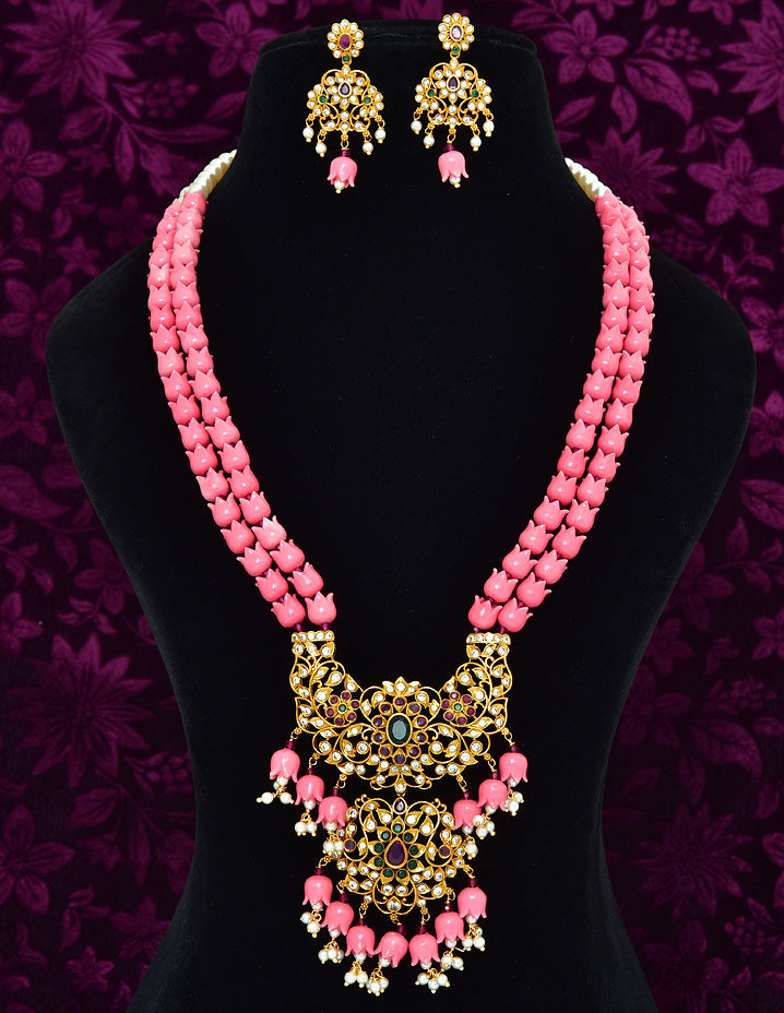 Designer Pearl Beads Mala with Pendant Earrings