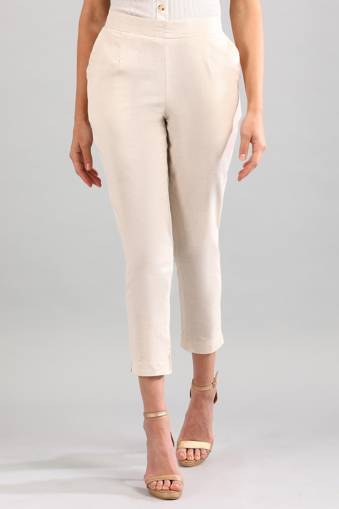 Beige Solid Plain Straight Cotton Trouser