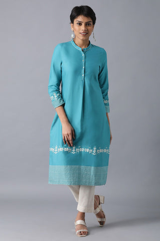 Teal Flora Print Straight Kurta In Mandarin Collar