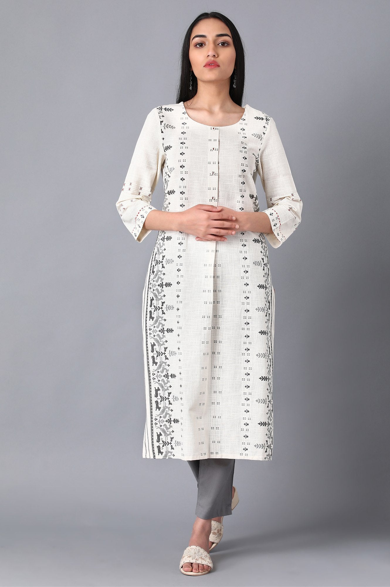 Ecru Round Neck Printed kurta