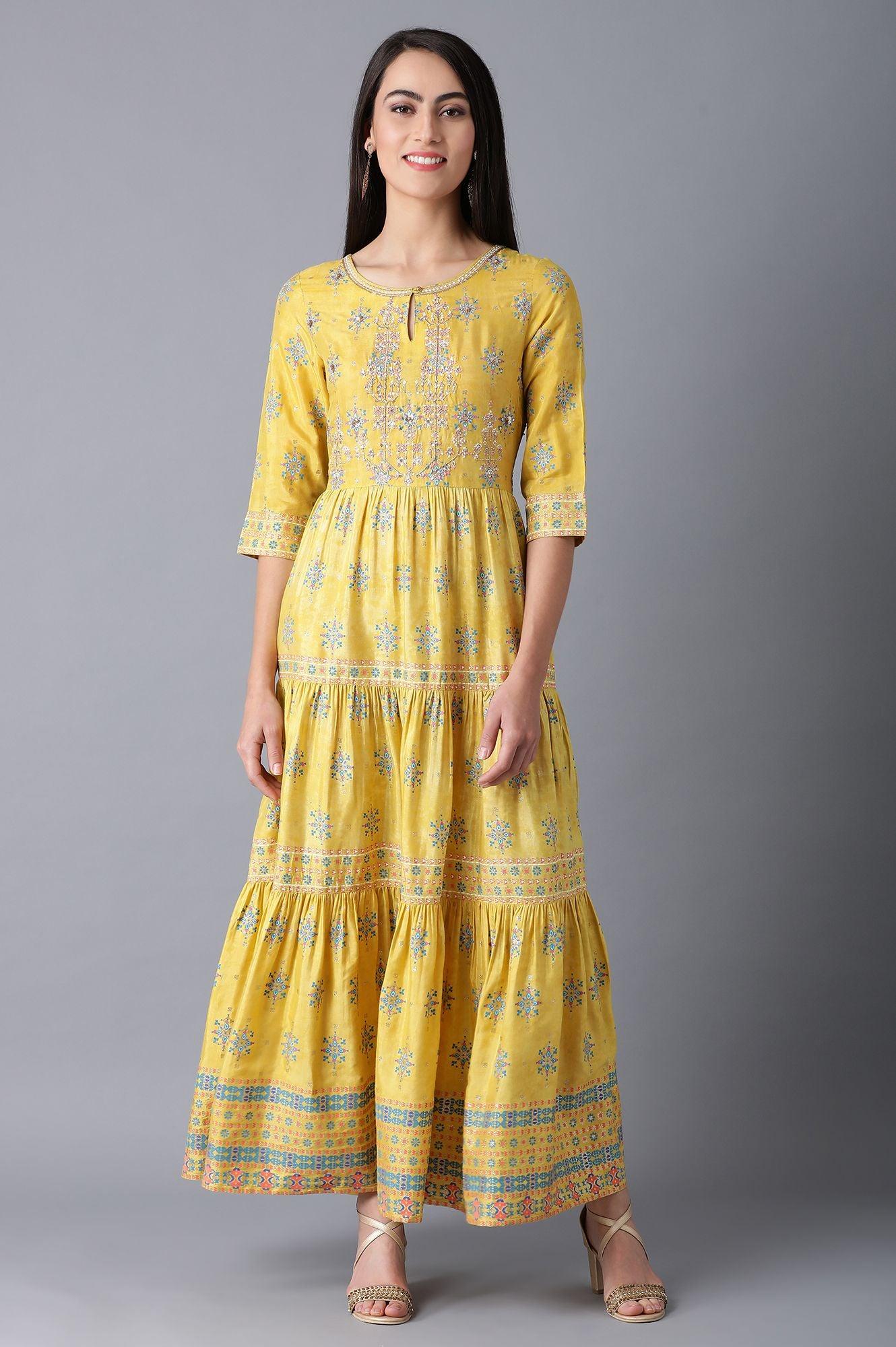 Yellow Round Neck Tiered Festive Dress