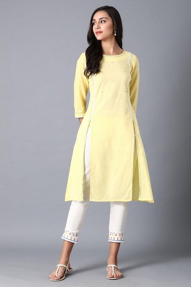 Yellow Embroidered A-Line kurta