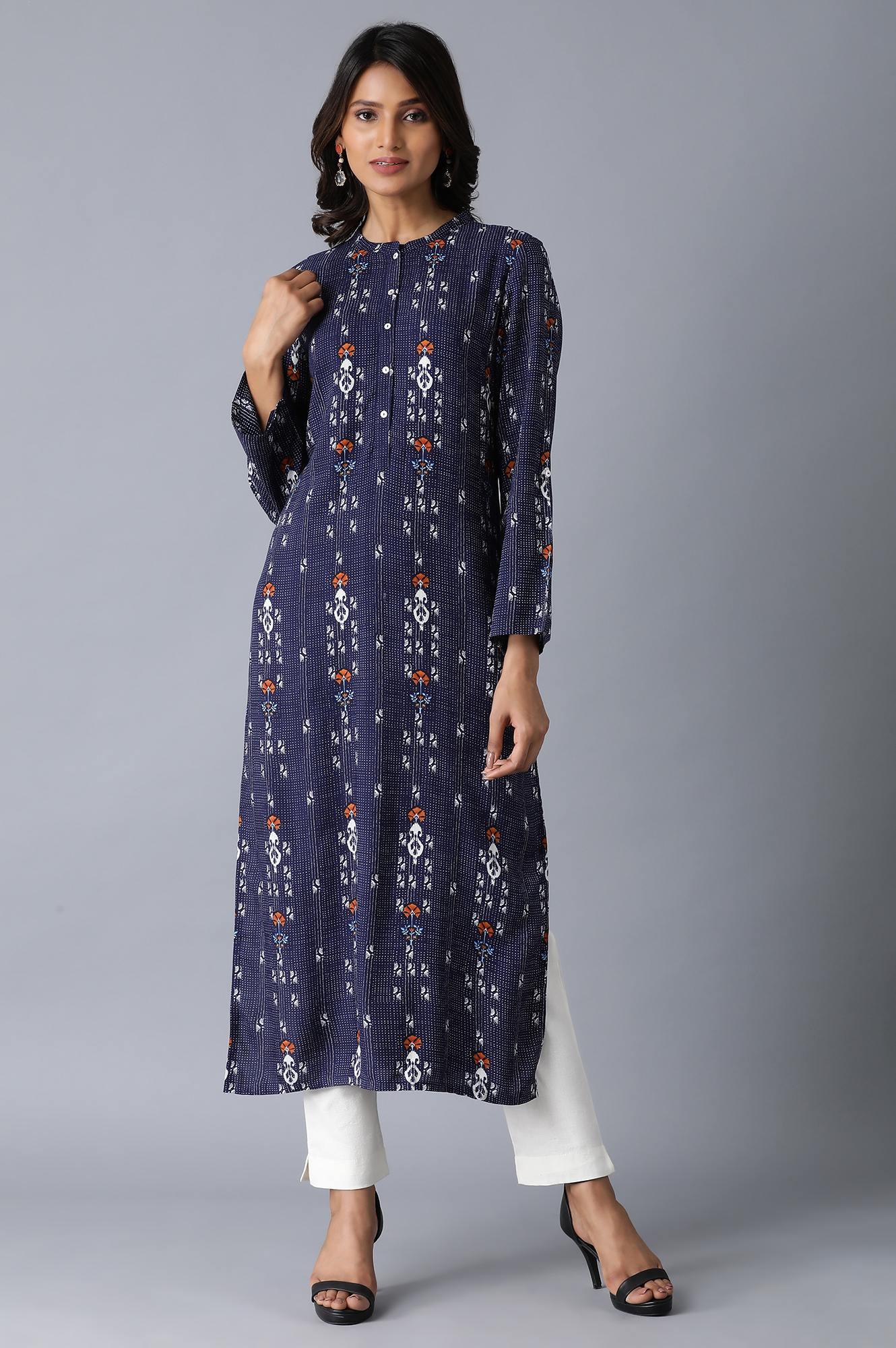 Navy Blue Printed Straight kurta