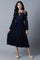 Navy Round Neck Gathered Dress