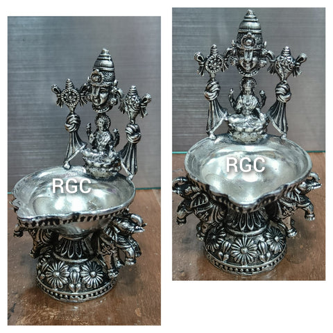 Antique German silver Lakshmi Balaji deepam with side elephants carving