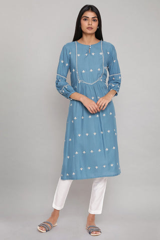 Adriatic Blue kurta with Gather Details