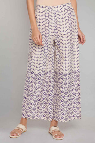 Ecru and Purple Printed Parallel Pants