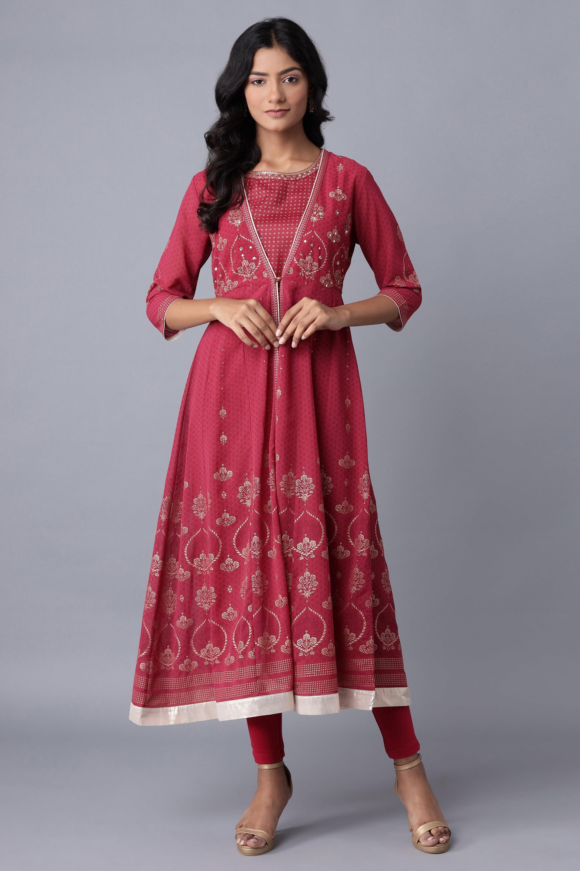 Wine Layered kurta-Solid Tights Set