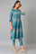 Teal Yarn-Dyed Ikkat Crepe kurta And Straight Pants Set