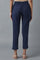 Navy Blue Solid Straight Fit Cotton Pants With Elasticated Waistband