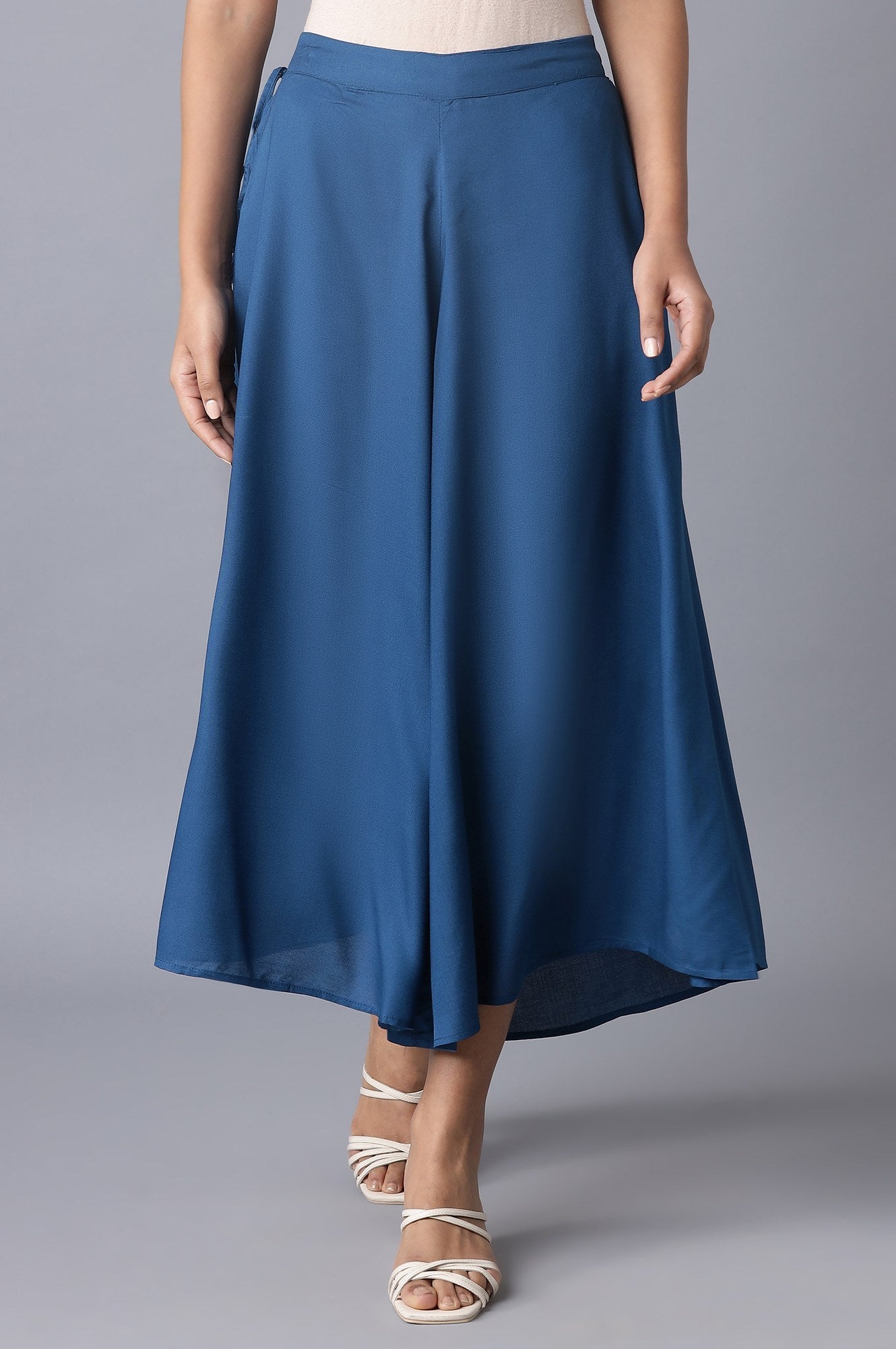 Blue Solid Flared Cotton Culottes With Drawstring
