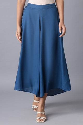 Blue Solid Flared Cotton Culottes With Drawstring