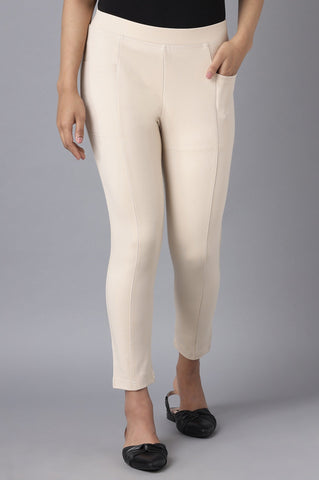 Beige Solid Straight Fit Pants With Elasticated Waist