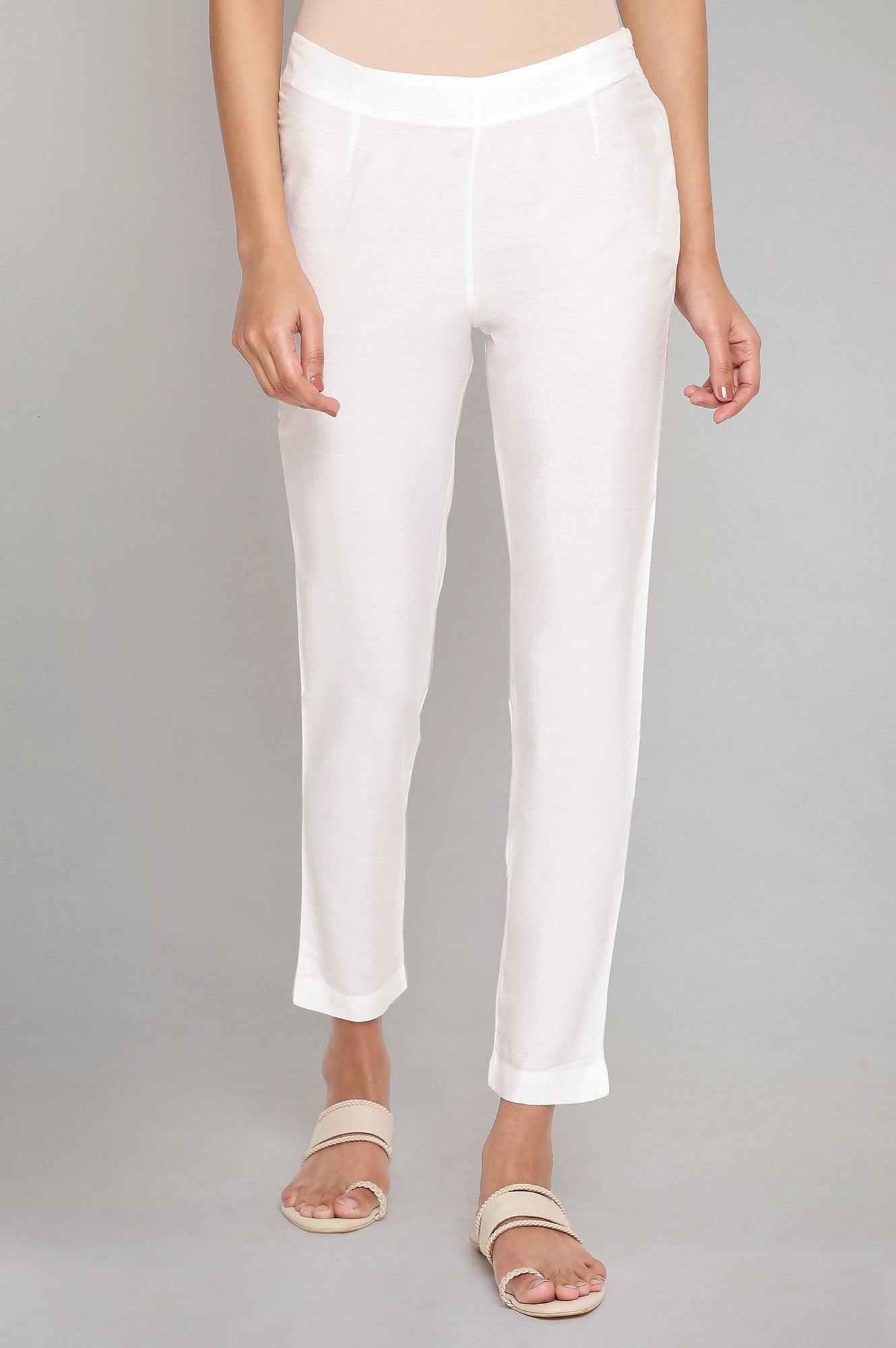White Solid Plain Straight Cotton Slim Pant