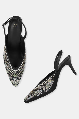 Black Pointed Toe Embroidered Stiletto-WMARIA