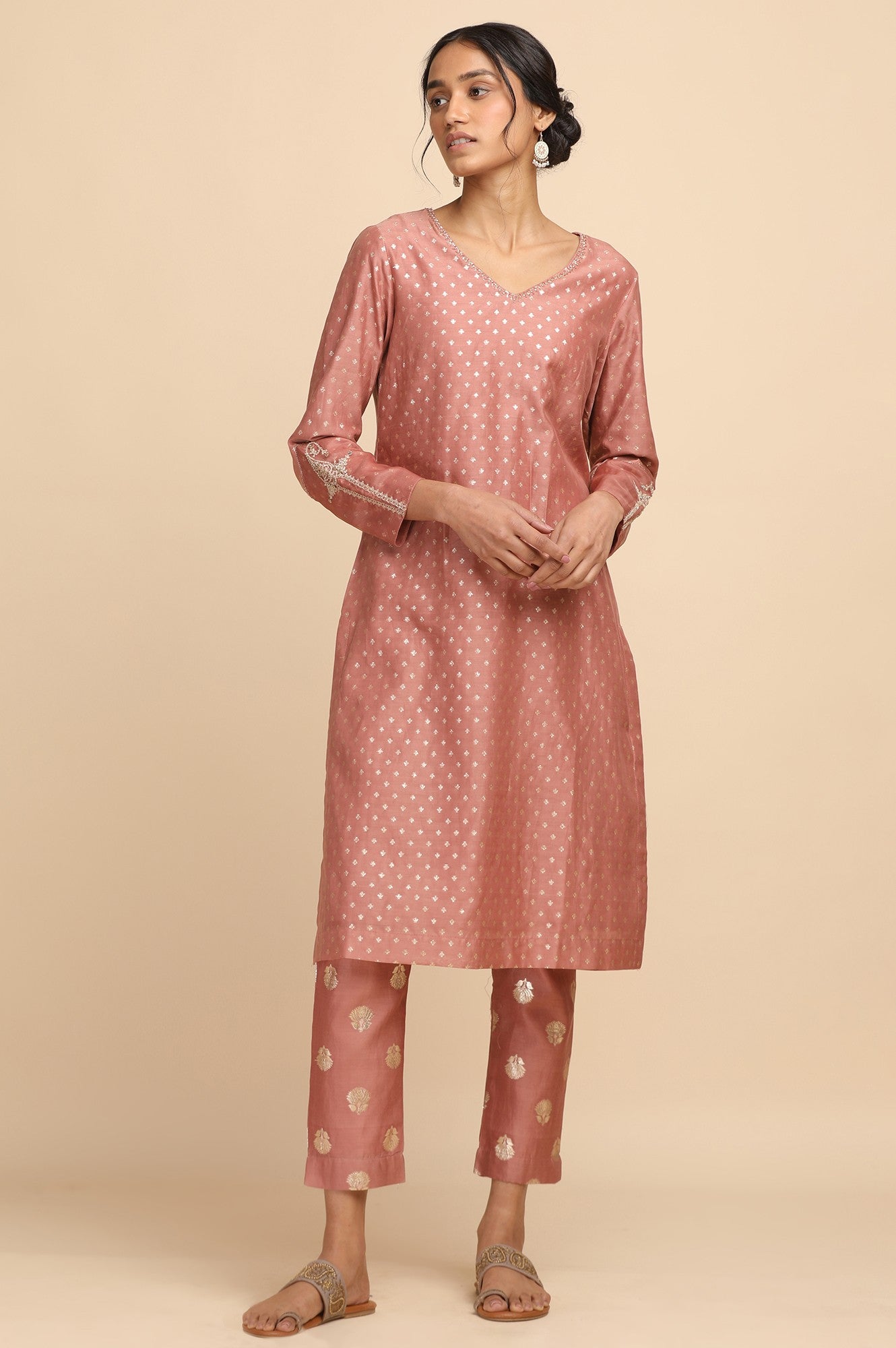 Pink Cotton Silk Jacquard kurta