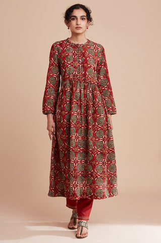 Red Flared Dress in Hand Block Print