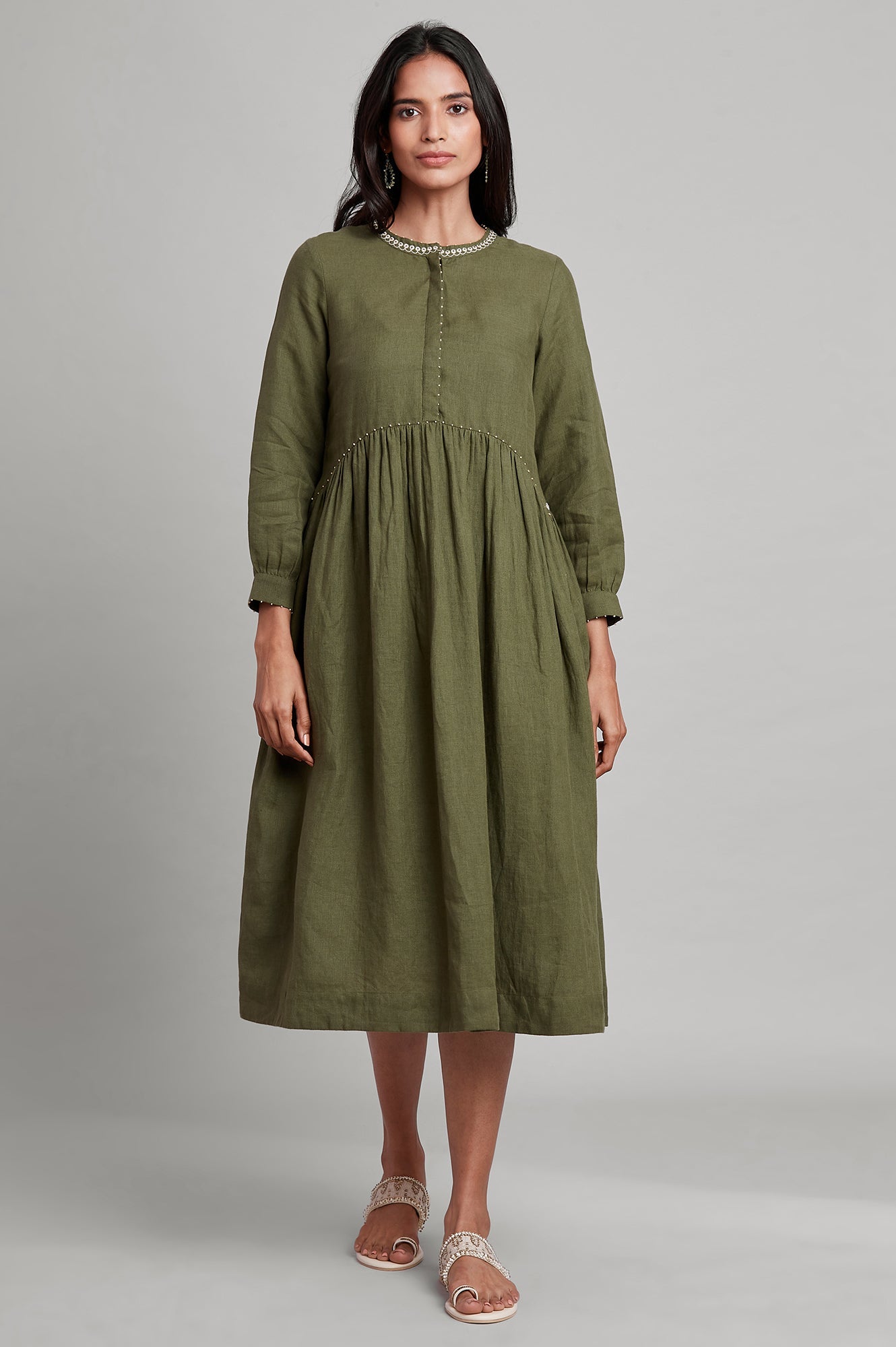 Dark Green Gathered Solid Dress