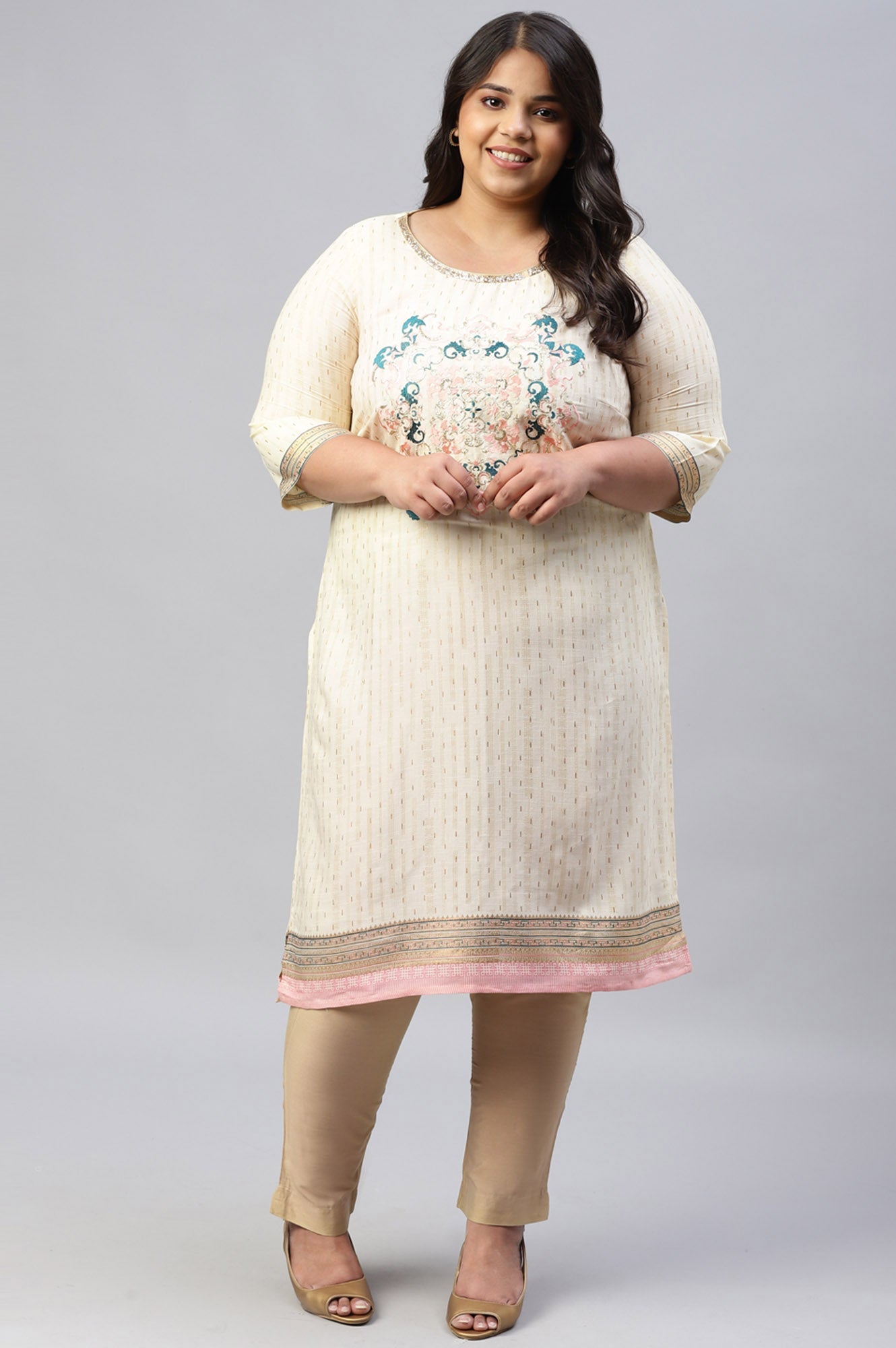 Beige Viscose Embroidered Plus Size kurta