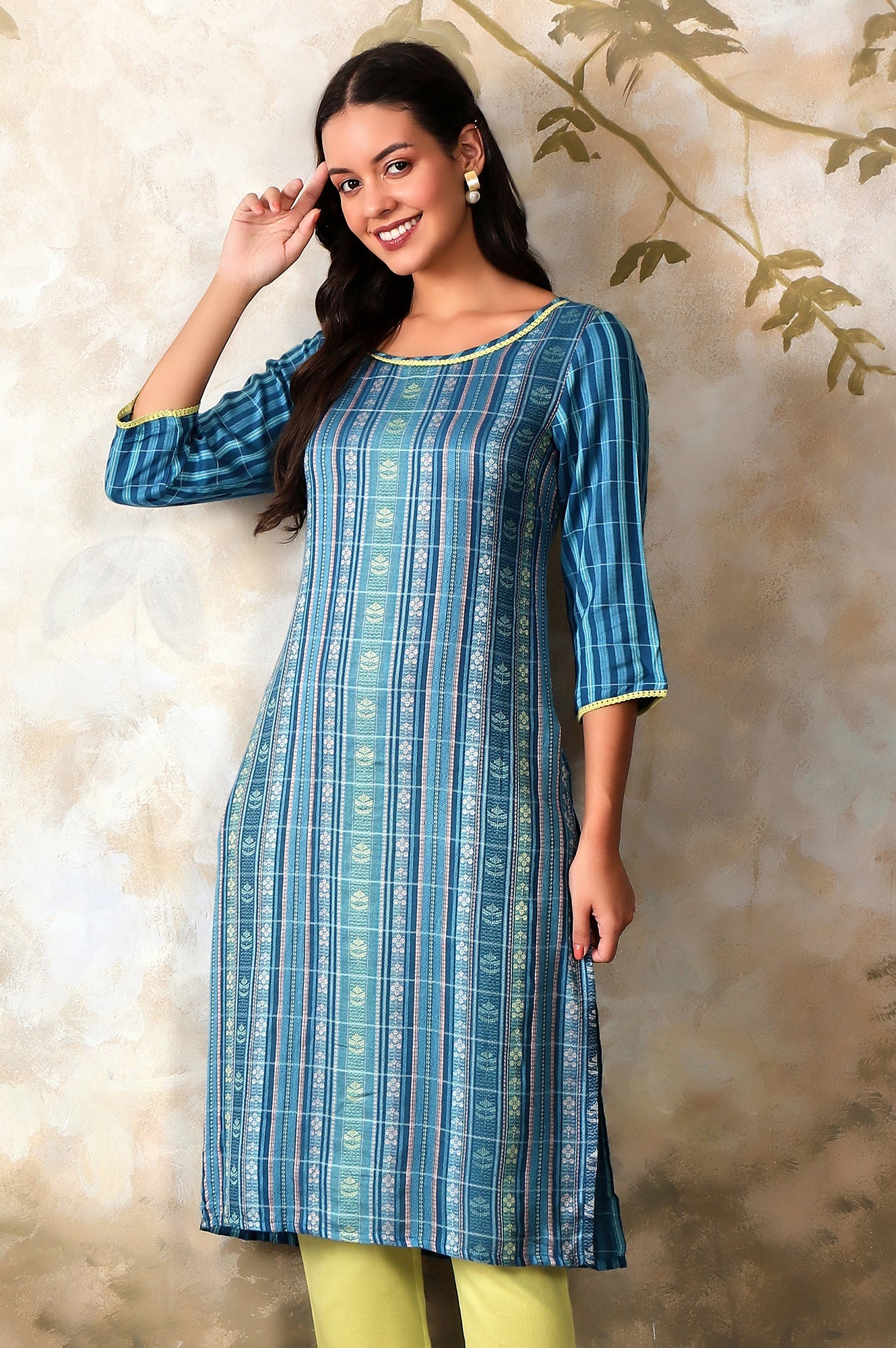 Blue Floral Motifs Dobby Straight Kurta
