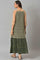 Biege Sequined Gillet with Strappy Green Printed Inner Dress