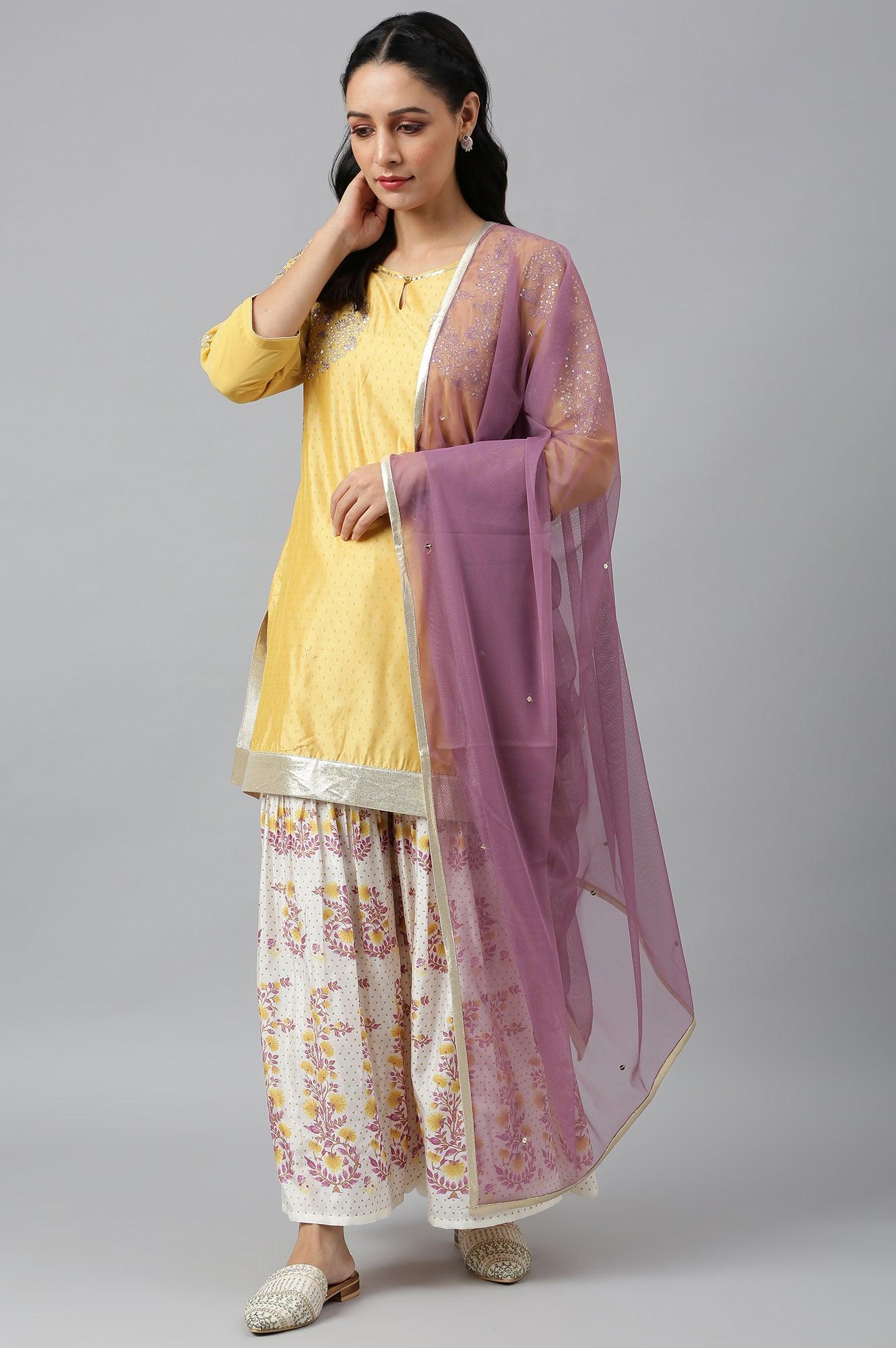 Yellow Dori Embroidered kurta With Ecru Sharara And Dupatta Set