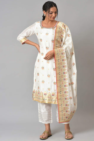 Ecru Paisley Print kurta With Straight Pants And Dupatta