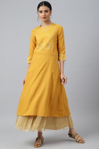 Dark Yellow A-Line Embroidered kurta With Sequins