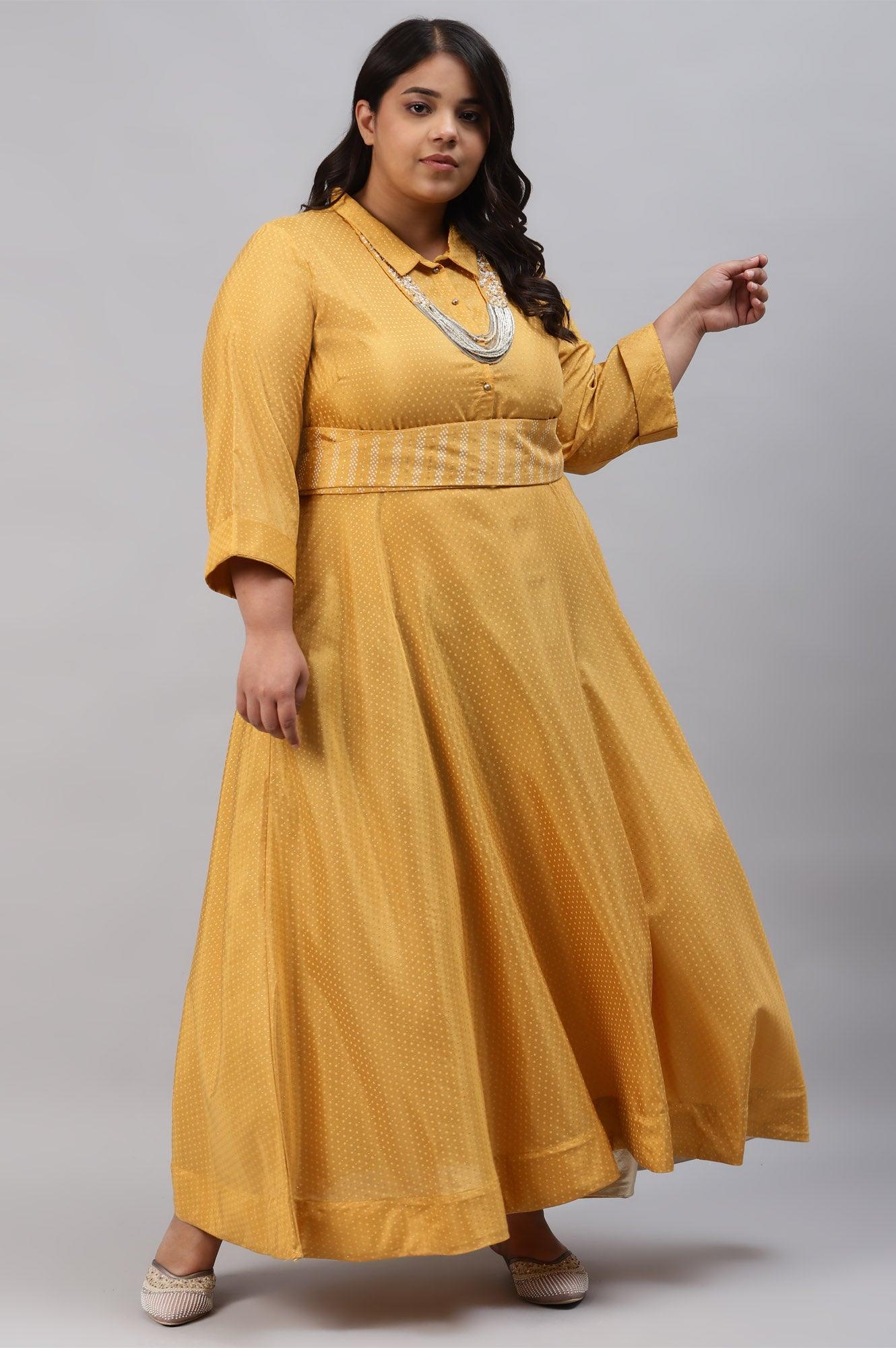 Yellow Glitter Printed Plus Size Shirt Dress With Embroidered Neckpiece