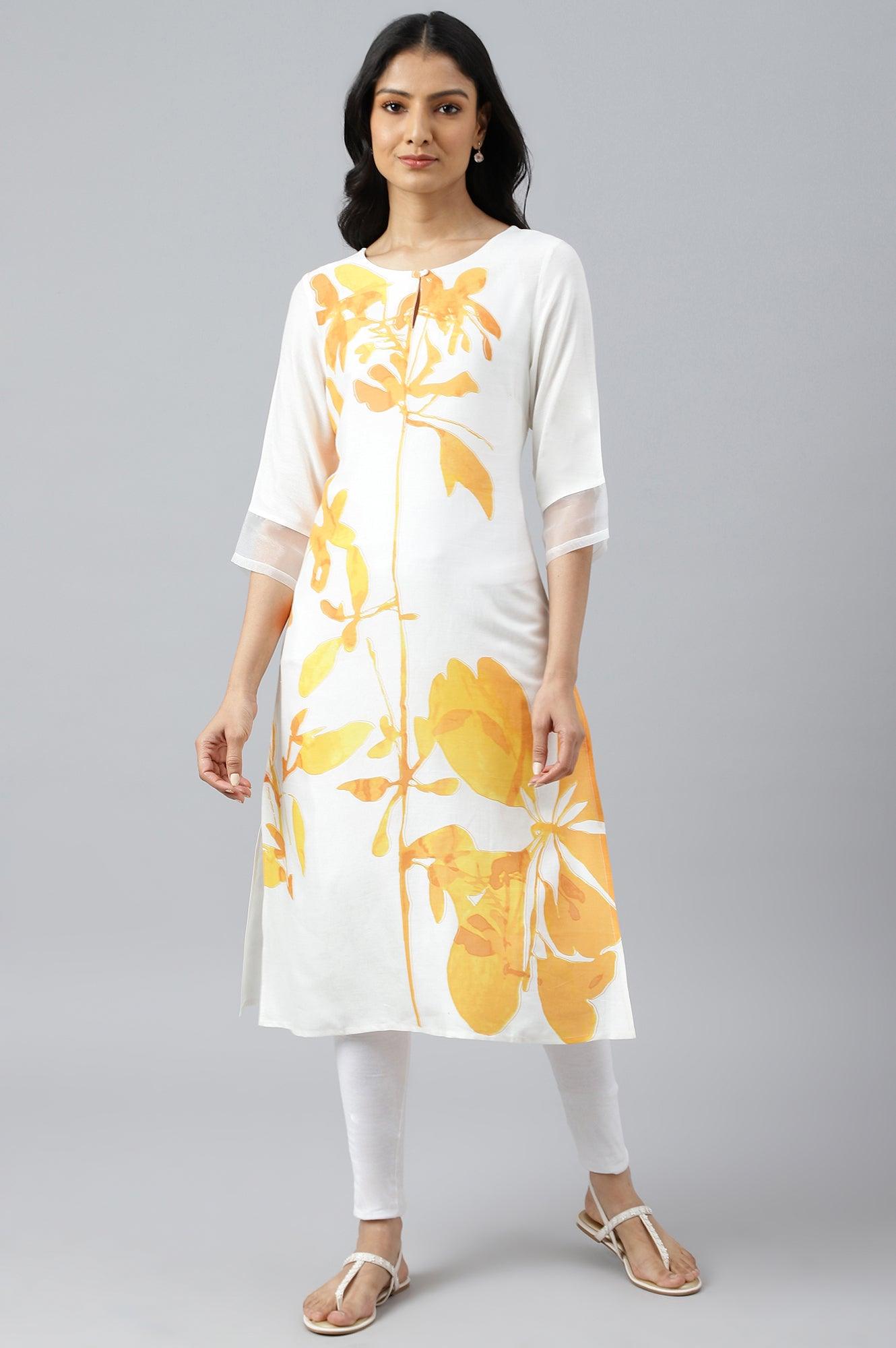 Ecru Placement kurta With Yellow Floral Print