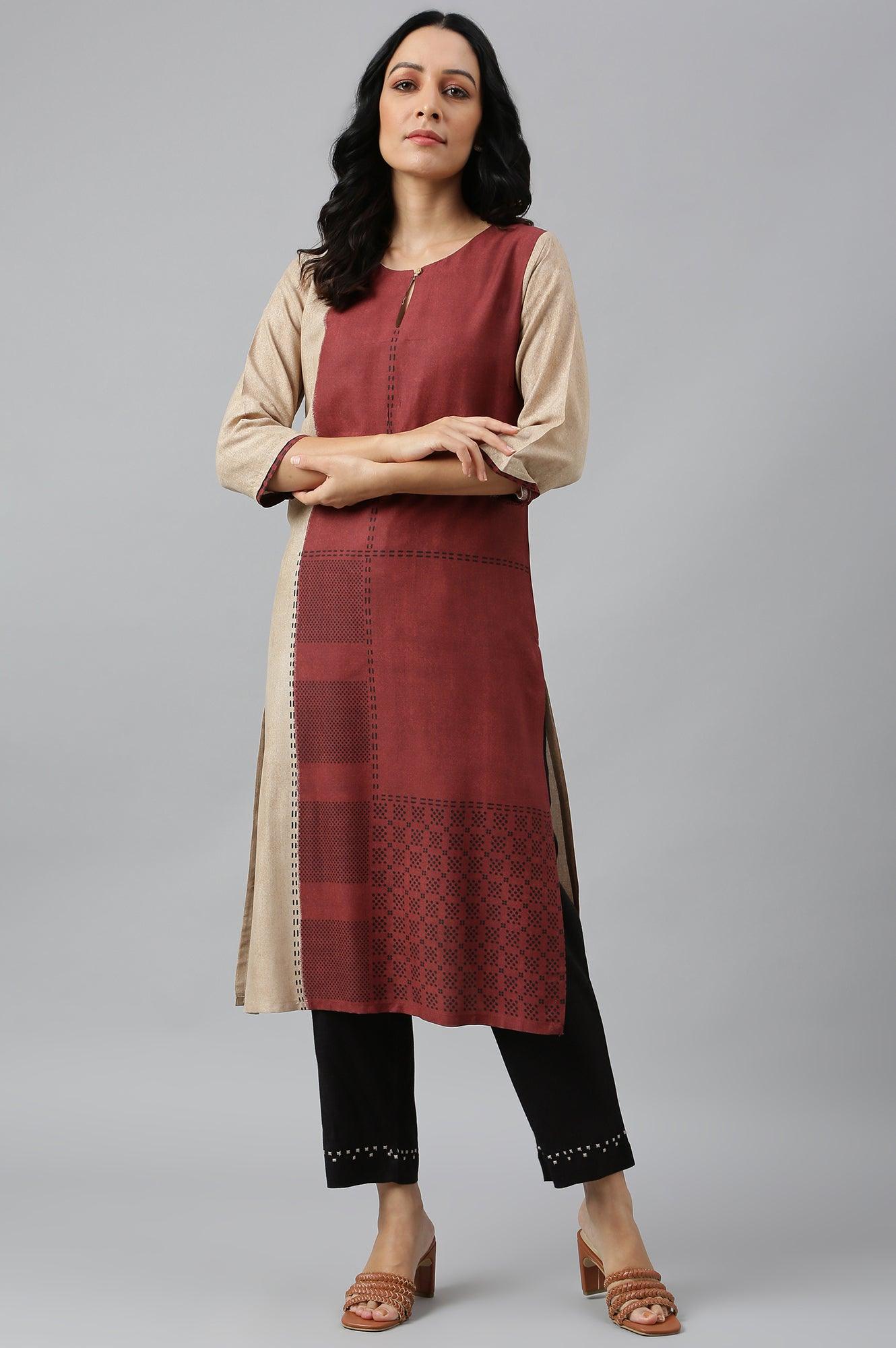 Red And Ecru Placement Print kurta In Round Neck