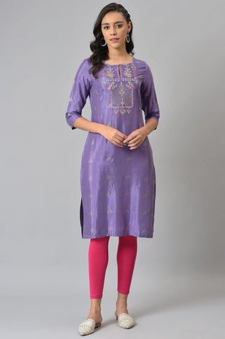 Purple Glitter Print kurta With Embroidery