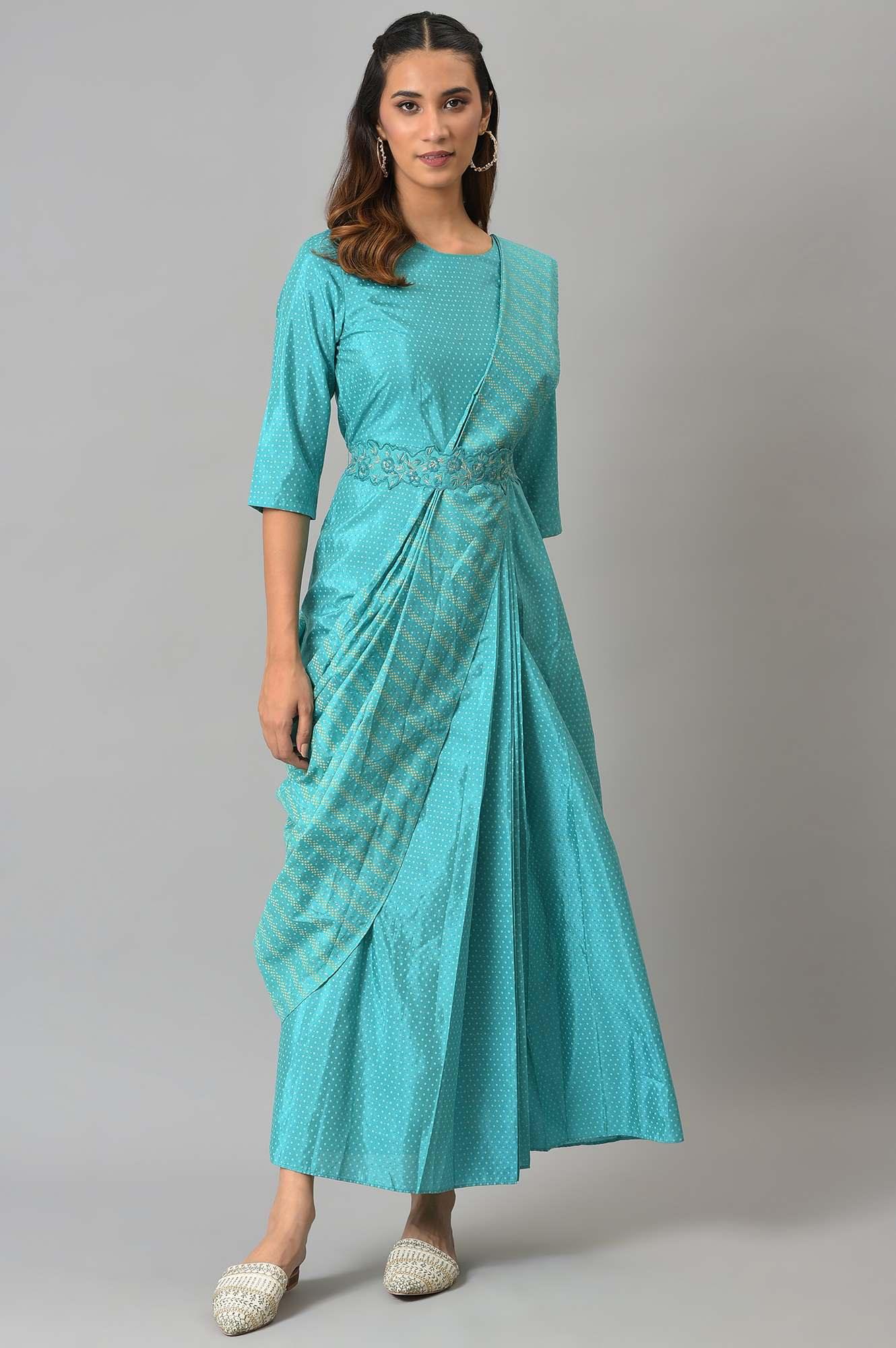 Teal Insta Saree Dress With Embroidered Belt