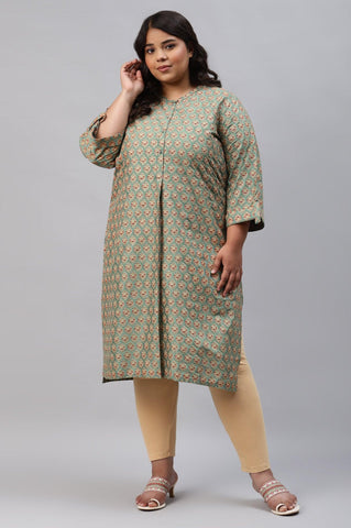 Green Glitter Printed Plus Size kurta In Mandarin Collar