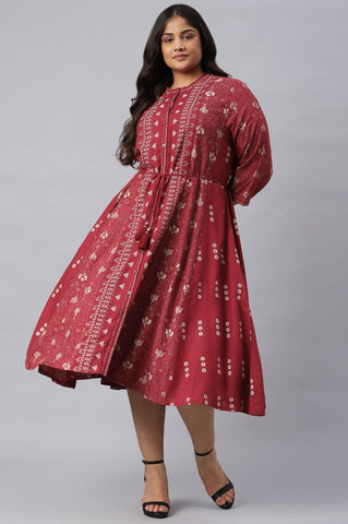 Plus Size Maroon Floral Printed Panelled Indie Dress