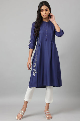 Dark Blue Embroidered kurta With Pleats