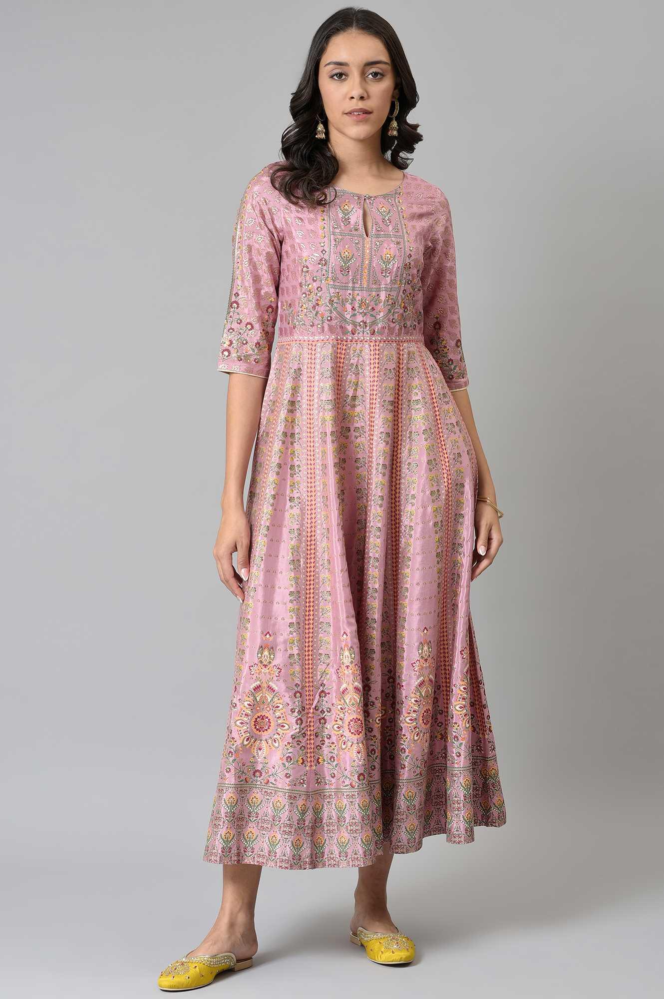 Pink Glitter Printed Kalidar Dress