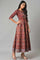 Brown Printed And Embroidered Panelled Festive Dress