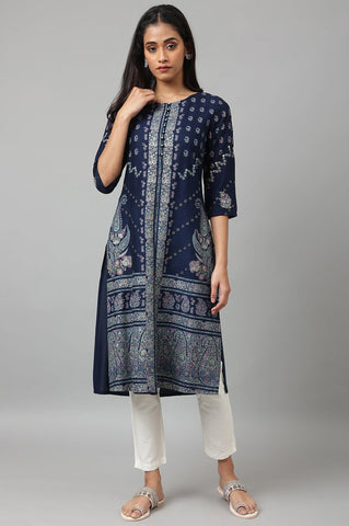 Dark Blue Placement Print Rayon kurta