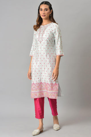 Light Blue Floral Printed kurta With Embroidery