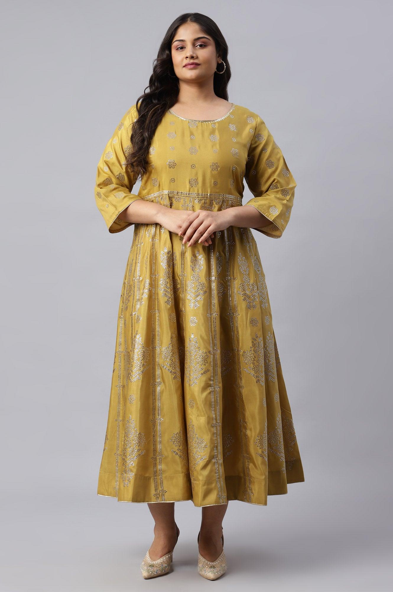 Plus Size Yellow Panelled Kalidar Ethnic Dress With Sequin